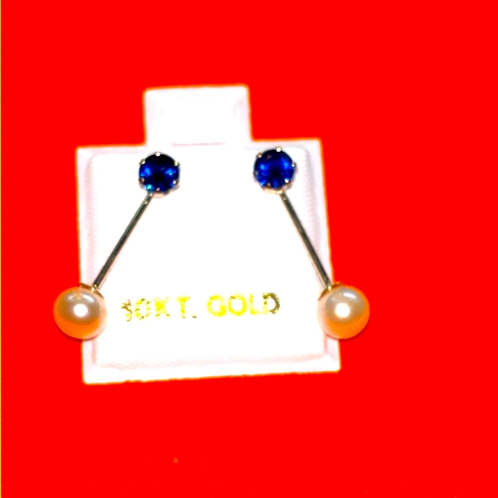 Real 10kt gold White Blue Drop Earrings with Pearls and Sapphires!  Brand new!